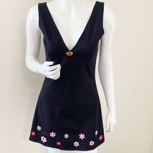dELiA*s by Dolls Kill Black, Red & Pink Embroidered Flowers Mini Sundress 60s